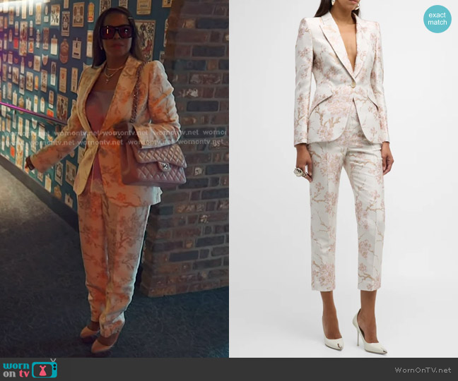 McQueen Cherry Blossom Jacquard Blazer Jacket in Ice Pink worn by Mary Cosby on The Real Housewives of Salt Lake City