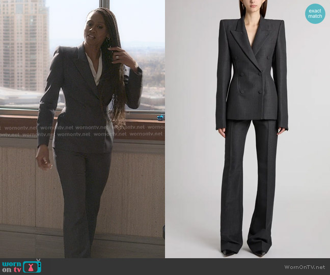 McQueen Glen Plaid Stacked Shoulder Wool & Mohair Blazer in Black Dark Grey worn by Jax Stewart (Emayatzy Corinealdi) on Reasonable Doubt