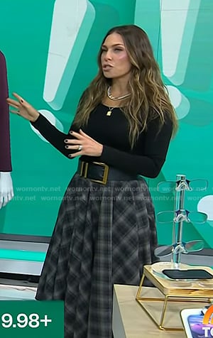 Melissa’s black top and grey plaid skirt on Today