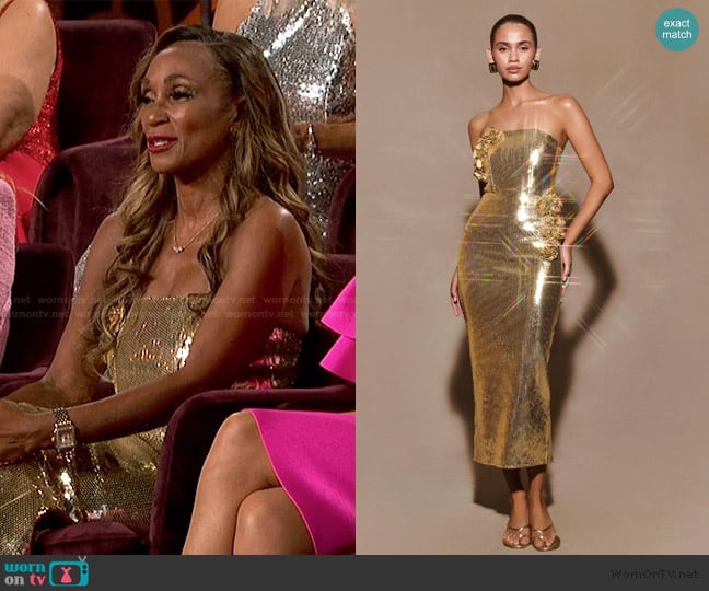 Meshki Cassia Sequin Rose Midi Dress worn by Gerri Flowers on The Golden Bachelor