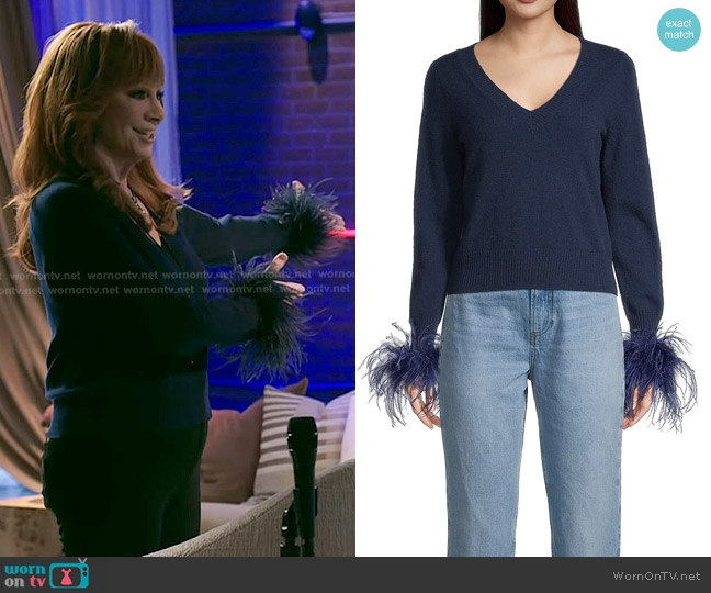 Milly V-Neck Feather-Cuff Sweater in Navy worn by Reba McEntire on The Voice