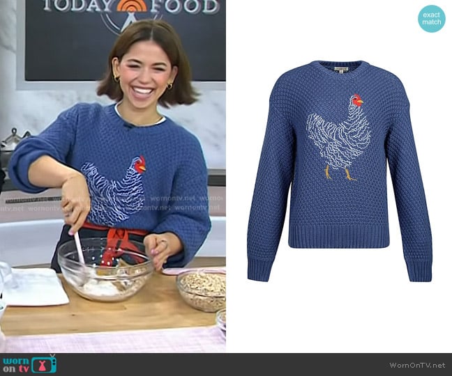Molly Yeh x Tractor Supply Crew Neck Novelty Sweater in Vintage Indigo worn by Molly Yeh on Today