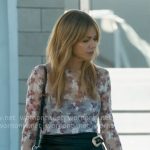 Morgan’s white floral mesh top and leather wrap skirt on High Potential