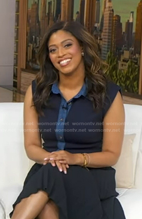 Morgan’s navy denim trim sleeveless top on Good Morning America