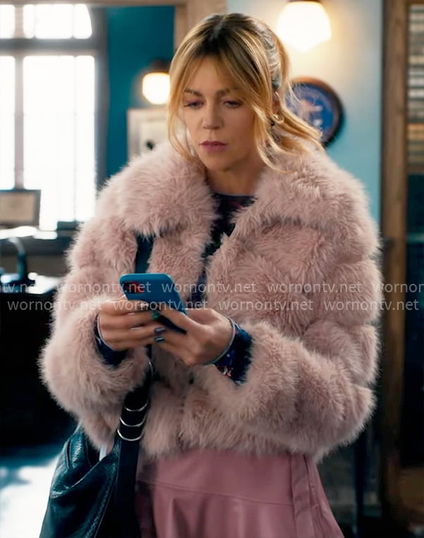 Morgan’s pink fur jacket on High Potential