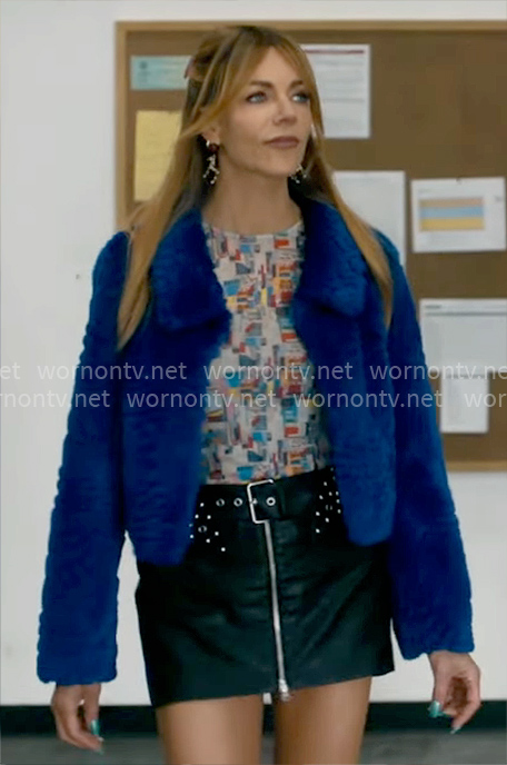 Morgan’s printed mesh top, leather mini skirt and blue fur jacket on High Potential