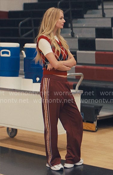 Morgan’s red argyle vest and side stripe pants on Nobody Wants This