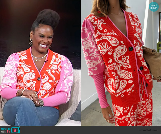 Never Fully Dressed Red Bandana Martha Cardigan worn by Tabitha Brown on Access Hollywood