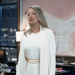 Nina’s white dress with chain belt and cardigan on General Hospital