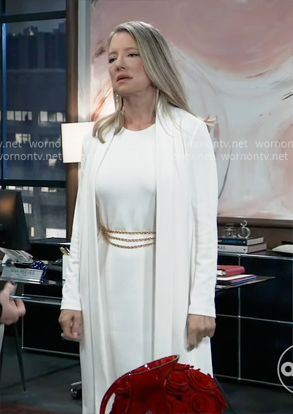 Nina’s white dress with chain belt and cardigan on General Hospital