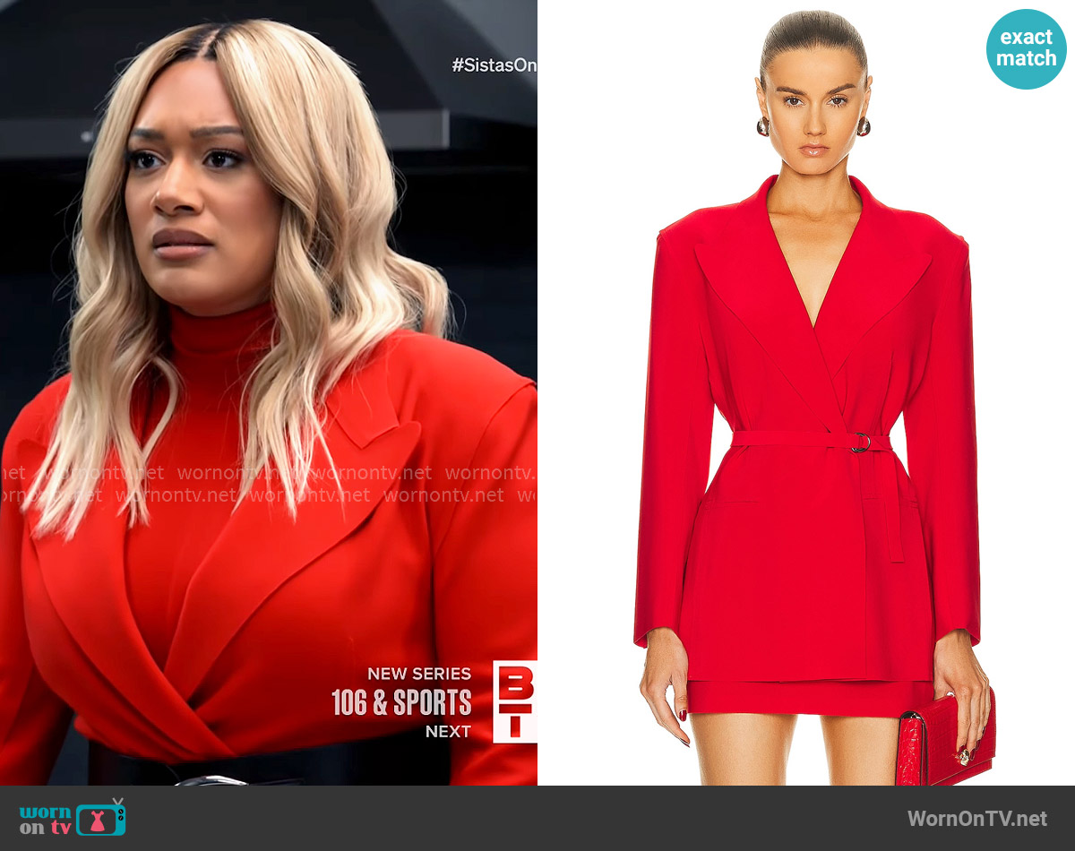 Norma Kamali Classic Double Breasted Jacket in Tiger Red worn by Fatima (Crystal Hayslett) on Tyler Perrys Sistas