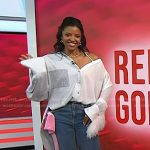Renee’s stripe off-shoulder shirt and bow jeans on Today