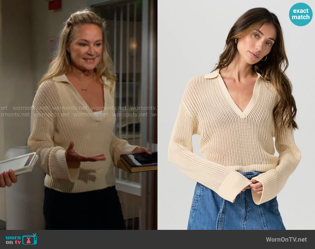 Paige Riva Sweater in Neutral Ecru worn by Sharon Newman (Sharon Case) on The Young and the Restless