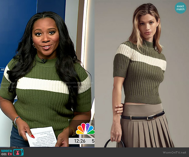 Pilcro Striped Short Sleeve Mock-Neck Sweater in Green worn by Kay Angrum on NBC News Daily