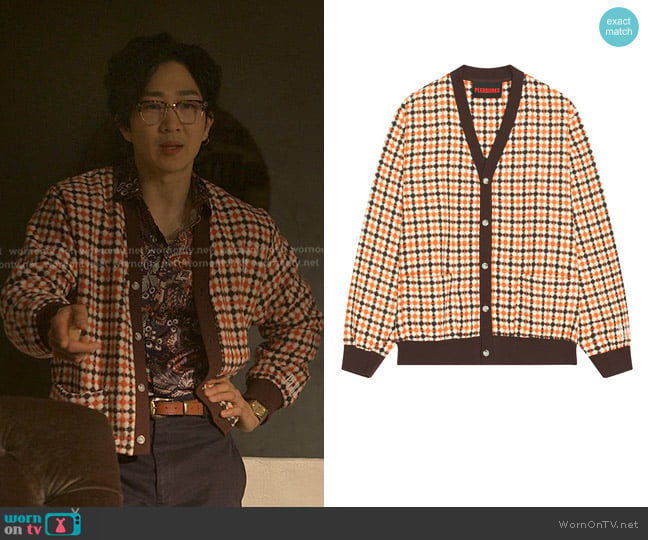 Pleasures Misquote Cardigan in Orange worn by Daniel Kim (Tim Jo) on Reasonable Doubt