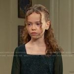 Rachel’s green embellished sheer sleeve dress on Days of our Lives