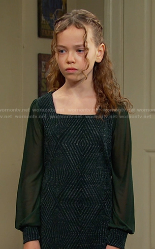 Rachel’s green embellished sheer sleeve dress on Days of our Lives