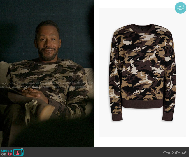 Rag & Bone camo print intarsia crewneck sweater in Green worn by Lewis Stewart (McKinley Freeman) on Reasonable Doubt