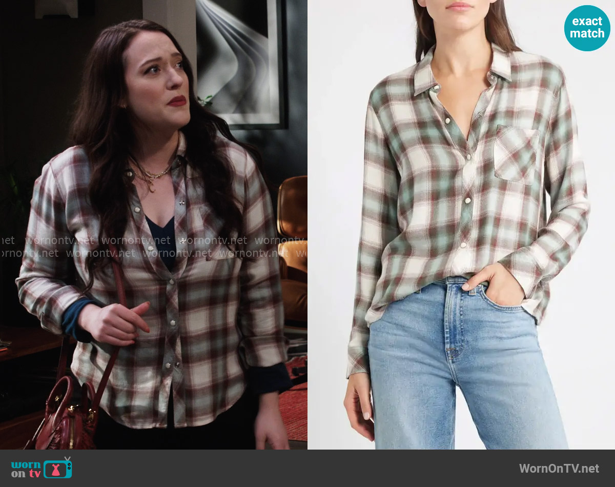Rails Hunter Shirt in Birch Olive Teal worn by Riley (Kat Dennings) on Shifting Gears