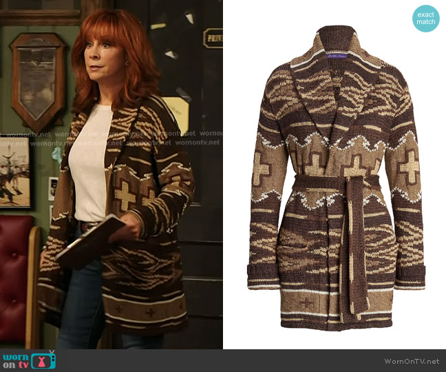 Ralph Lauren Collection Silk-Linen Shawl Collar Cardigan in Lux Tan Multi worn by Reba McEntire on The Voice