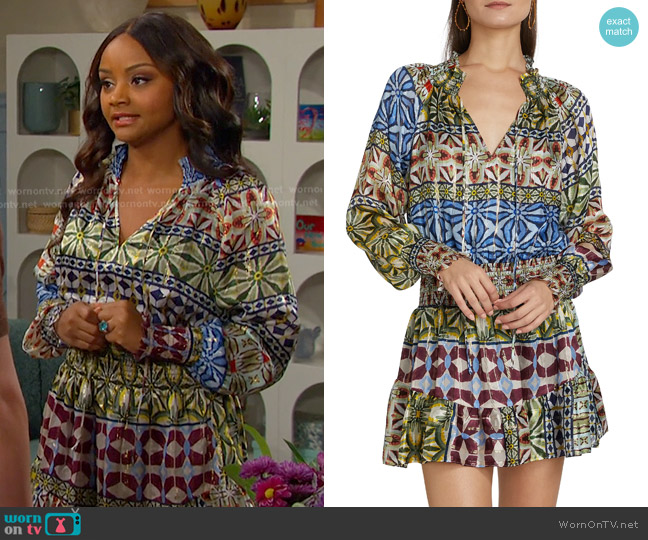Ramy Brook Ashalina Printed Smocked Dress in Ribbon Blue worn by Chanel Dupree (Raven Bowens) on Days of our Lives