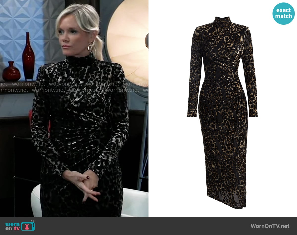Ramy Brook Eveline Leopard Velvet Long-Sleeve Midi-Dress worn by Ava Jerome (Maura West) on General Hospital