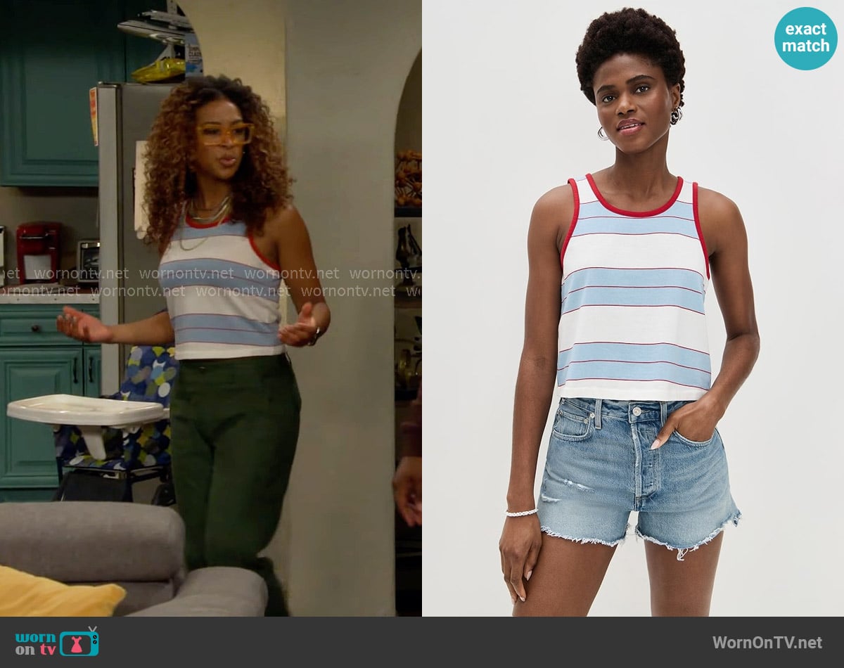 Re/Done Bama Stripe Cotton Tank worn by Courtney (Skye Townsend) on The Neighborhood