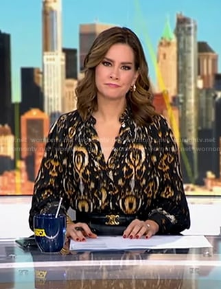 Rebecca’s black ikat tie neck blouse on Good Morning America