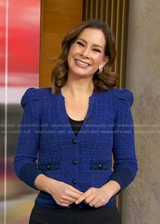 Rebecca’s blue knit cardigan on Good Morning America
