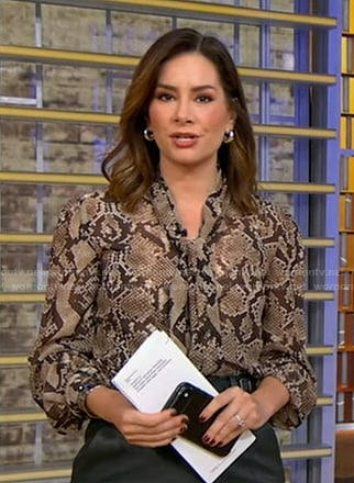 Rebecca’s snake print tie neck blouse and black skirt on Good Morning America