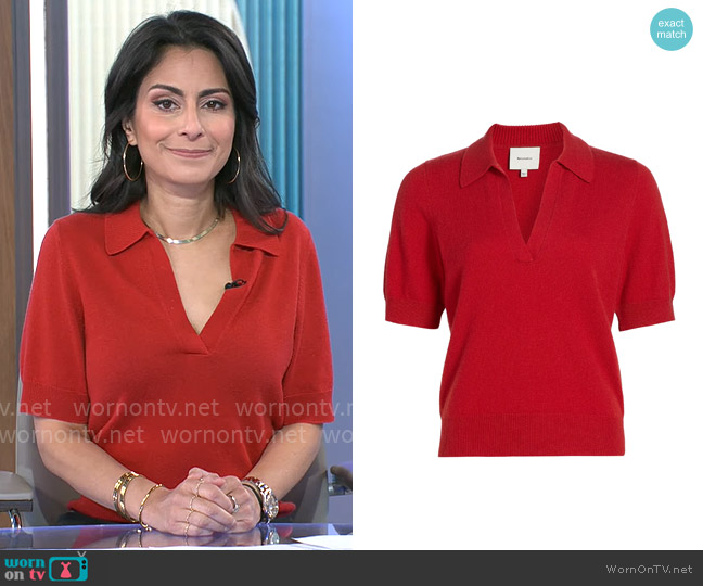Reformation Louise Polo Sweater in Sundried Tomato worn by Dr. Celine Gounder on CBS Mornings