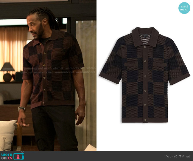Reiss Alfred Short Sleeve Crochet Shirt in Chocolate/Navy worn by Lewis Stewart (McKinley Freeman) on Reasonable Doubt