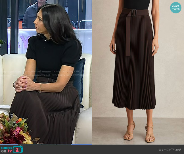 Reiss Ava Pleated Midi Skirt in Chocolate Brown worn by Dr. Natalie Azar on Today