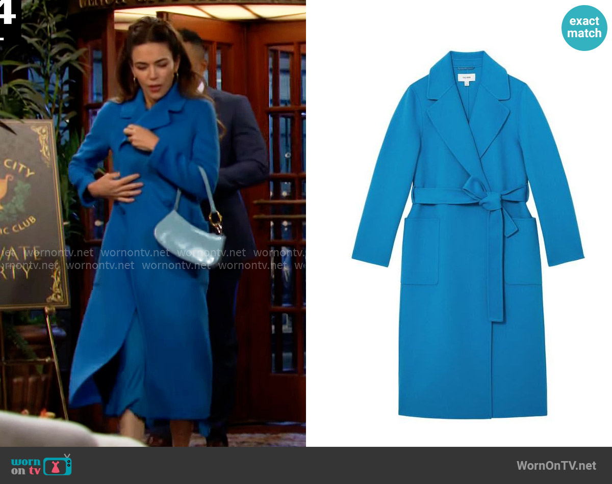Reiss Lucia Coat in Blue worn by Victoria Newman (Amelia Heinle) on The Young and the Restless