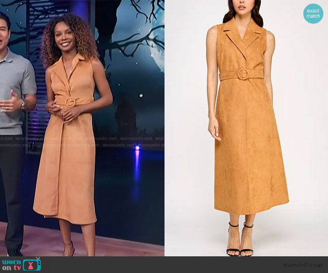 Rosie Harlow Faux-Suede Sleeveless Jacket Midi Dress worn by Zuri Hall on Access Hollywood