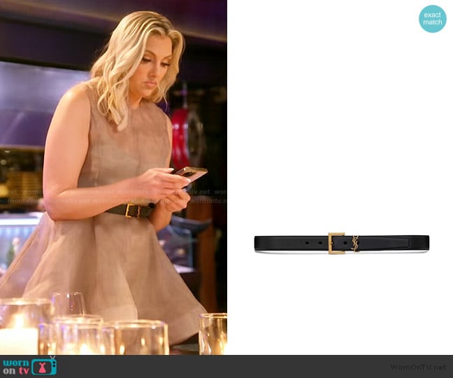 Saint Laurent Cassandre Belt with Square Buckle in Shiny Box Leather worn by Gina Kirschenheiter on The Real Housewives of Orange County
