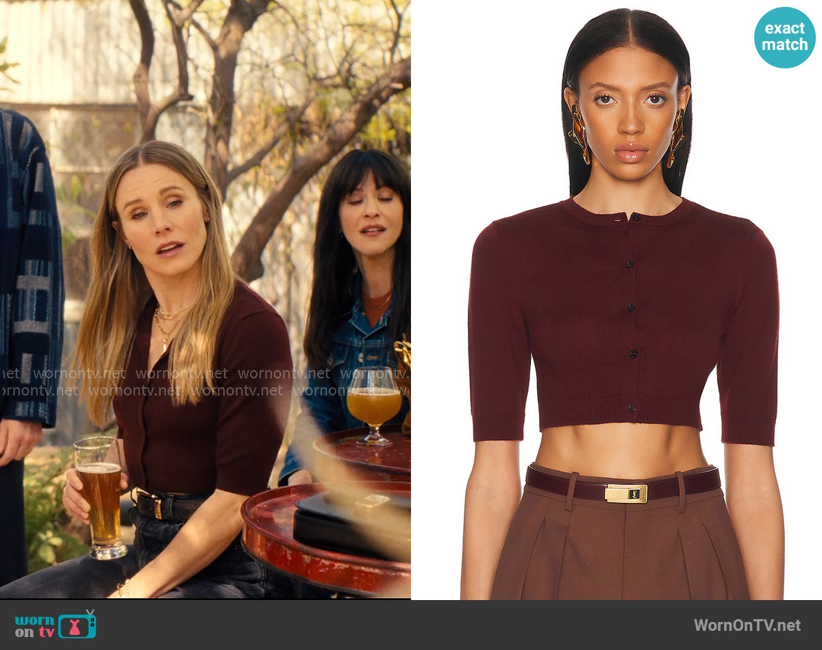 Saint Laurent Cropped Cardigan in Bordeaux worn by Joanne (Kristen Bell) on Nobody Wants This