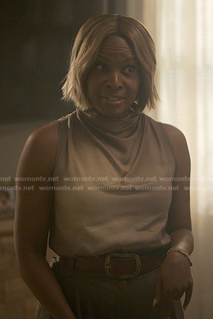 Sally’s beige sleeveless satin top on Reasonable Doubt