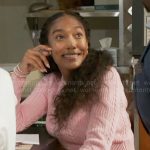 Samantha’s pink cable-knit sweater and plaid mini skirt on Beyond the Gates