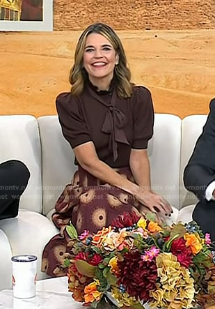 Savannah’s brown puff sleeve top and print skirt on Today