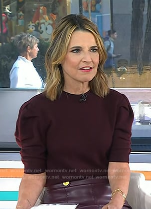 Savannah’s burgundy puff sleeve sweater and leather skirt on Today