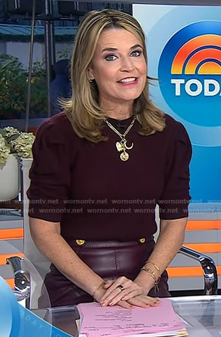 Savannah’s burgundy puff sleeve sweater and leather skirt on Today