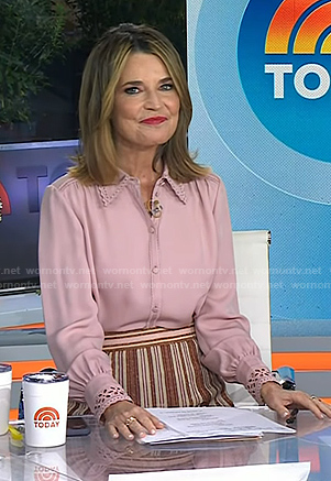 Savannah’s pink broderie trim blouse and striped skirt on Today