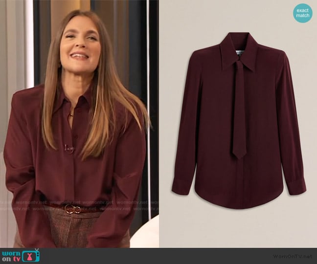Scanlan Theodore Silk Tie And Shoulder Pad Shirt worn by Drew Barrymore on The Drew Barrymore Show