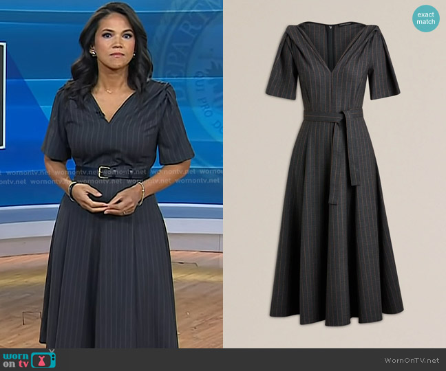 Scanlan Theodore Stripe Turban Shoulder Dress in Grey worn by Laura Jarrett on Today
