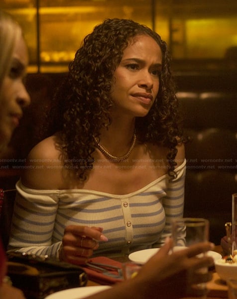 Shanelle’s striped off shoulder top on Reasonable Doubt