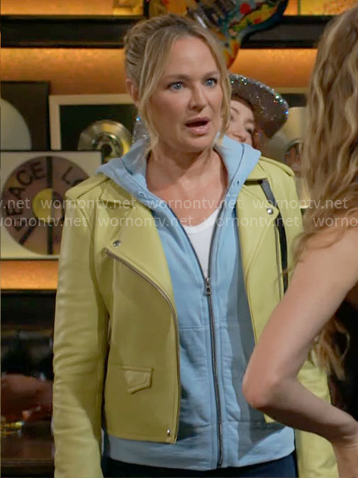 Sharon’s blue hoodie and yellow leather moto jacket on The Young and the Restless