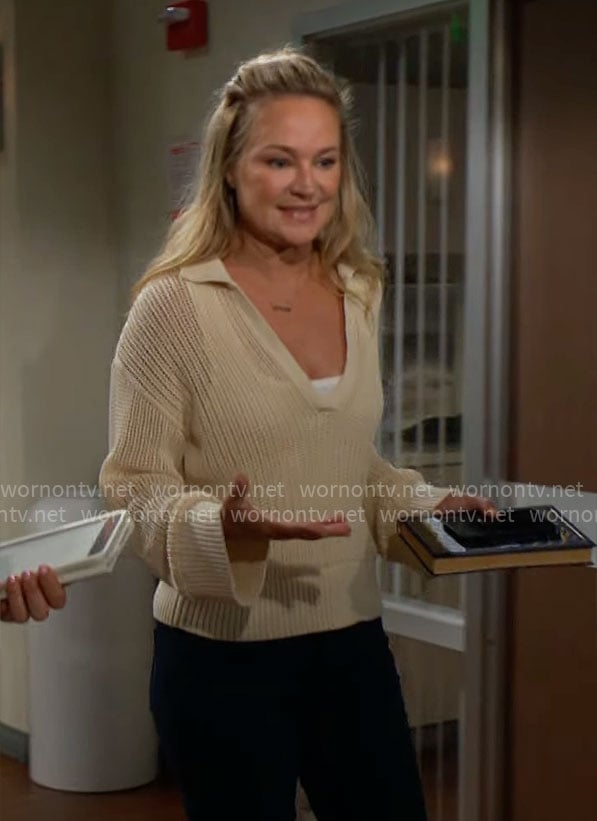 Sharon’s cream crochet sweater on The Young and the Restless