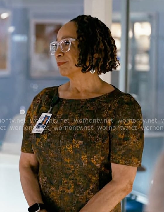 Sharon’s printed short-sleeve dress on Chicago Med