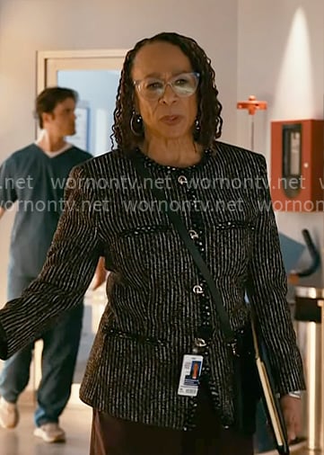 Sharon’s tweed button up jacket on Chicago Med